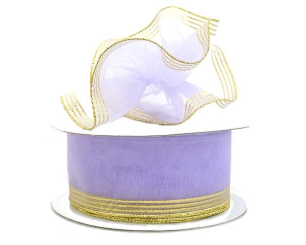 Pull Bow Ribbon |   1.5 Inch Lavender Organza Pull Bow Ribbon With 4 Rows Of Gold Stripe Accents, 25 Yards (Lot Of 1 Spool) Pull Bow Ribbon Pull Bow Ribbon