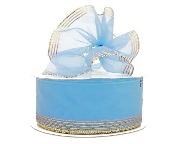 Pull Bow Ribbon |   1.5 Inch Lt. Blue Organza Pull Bow Ribbon With 4 Rows Of Gold Stripe Accents, 25 Yards (Lot Of 1 Spool) Pull Bow Ribbon Pull Bow Ribbon