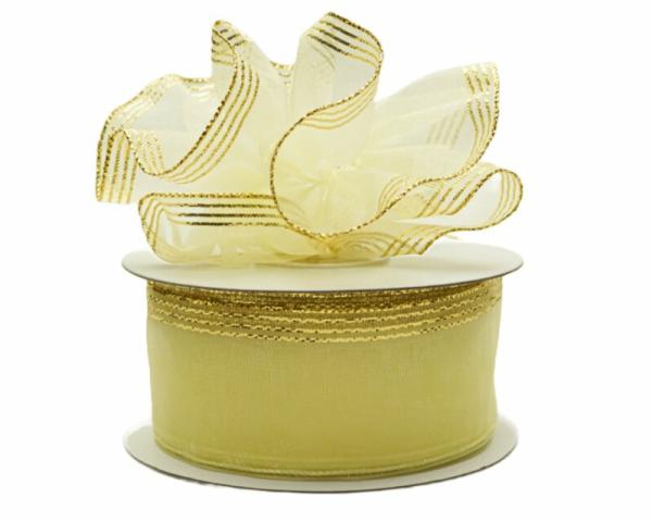 Pull Bow Ribbon |   1.5 Inch Lt. Yellow Organza Pull Bow Ribbon With 4 Rows Of Silver Stripe Accents, 25 Yards (Lot Of 1 Spool) Pull Bow Ribbon Pull Bow Ribbon