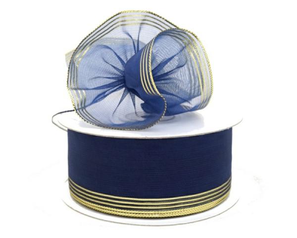 Pull Bow Ribbon |   1.5 Inch Navy Blue Organza Pull Bow Ribbon With 4 Rows Of Gold Stripe Accents, 25 Yards (Lot Of 1 Spool) Pull Bow Ribbon Pull Bow Ribbon