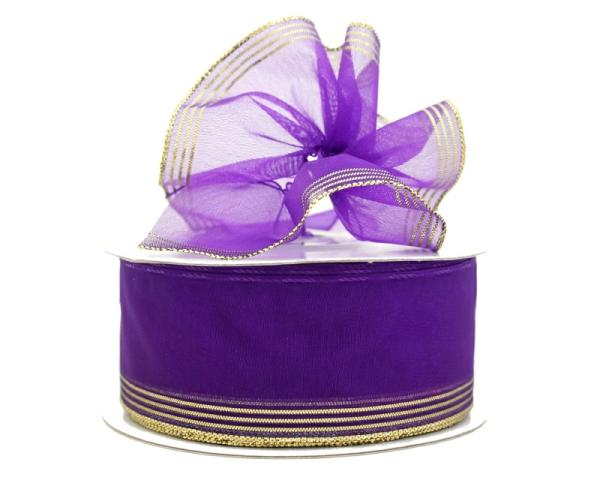 Pull Bow Ribbon |   1.5 Inch Purple Organza Pull Bow Ribbon With 4 Rows Of Gold Stripe Accents, 25 Yards (Lot Of 1 Spool) Pull Bow Ribbon Pull Bow Ribbon