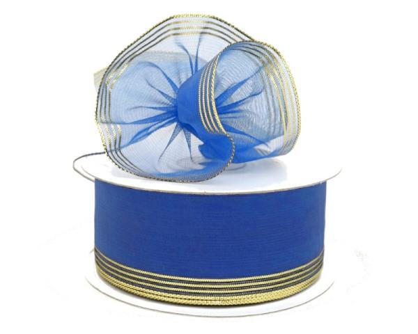 Pull Bow Ribbon |   1.5 Inch Royal Blue Organza Pull Bow Ribbon With 4 Rows Of Gold Stripe Accents, 25 Yards (Lot Of 1 Spool) Pull Bow Ribbon Pull Bow Ribbon