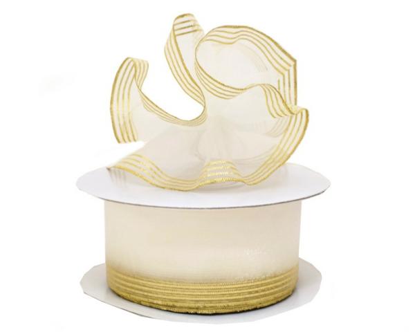 Pull Bow Ribbon |   1.5 Inch White Organza Pull Bow Ribbon With 4 Rows Of Gold Stripe Accents, 25 Yards (Lot Of 1 Spool) Pull Bow Ribbon Pull Bow Ribbon