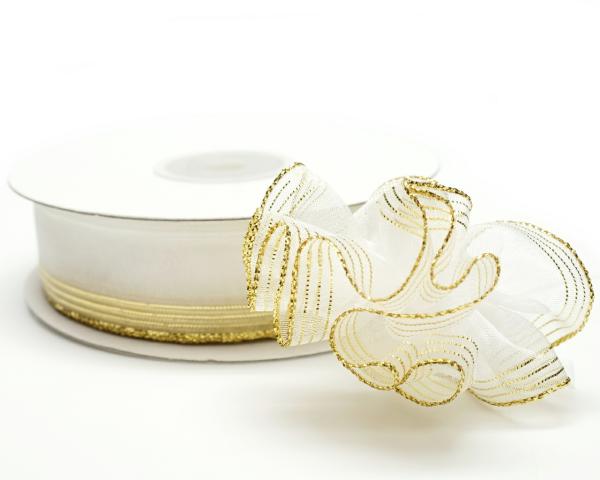 Pull Bow Ribbon |   .875 Inch White Organza Pull Bow Ribbon With 4 Rows Of Gold Stripe Accents, 7/8 Inch X 25 Yards (Lot Of 1 Spool) Pull Bow Ribbon Pull Bow Ribbon