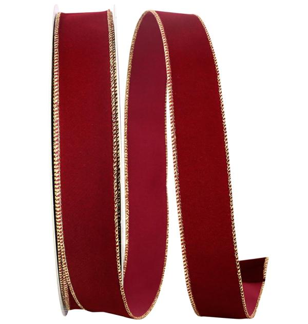 Velvet Ribbon |   1.5 Inch Burgundy Wired Velvet Ribbon With Gold Edge, 50 Yard Spool (1 Spool) Ribbon Velvet Ribbon