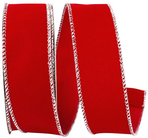 Velvet Ribbon |   1.5 Inch Red Velvet Wired Ribbon, Metallic Silver Edges, 10 Yards Spool (1 Spool) Ribbon Velvet Ribbon