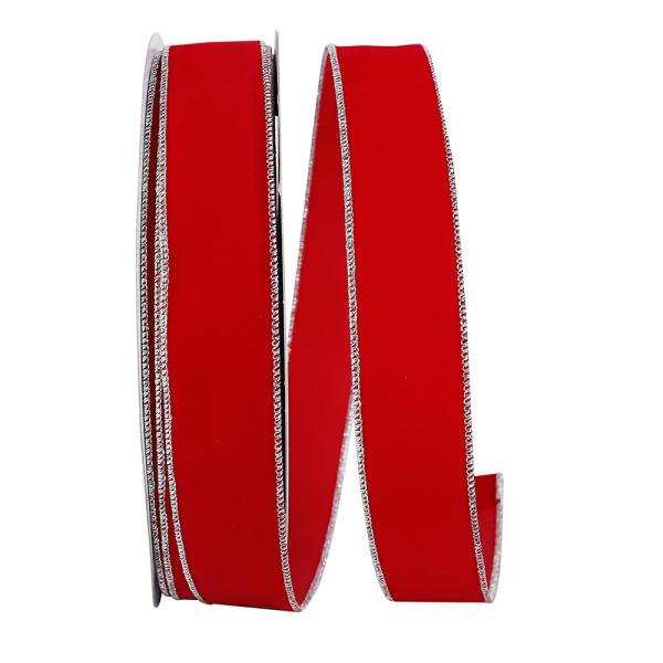 Velvet Ribbon |   1.5 Inch Red Velvet Wired Ribbon, Metallic Silver Edges, 50 Yards Spool (1 Spool) Ribbon Velvet Ribbon