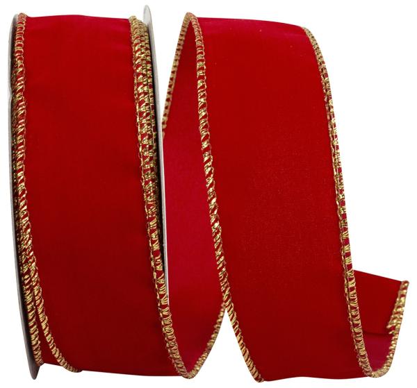 Velvet Ribbon |   1.5 Inch Red Velvet Wired Ribbon With Gold Edges, 10 Yard Spool (1 Spool) Ribbon Velvet Ribbon