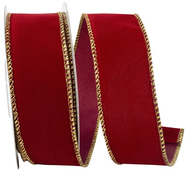 Velvet Ribbon |   1.5 Inch Scarlet Velvet Wired Ribbon With Gold Edges, 10 Yard Spool (1 Spool) Ribbon Velvet Ribbon