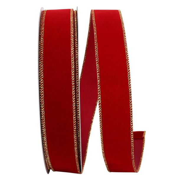 Velvet Ribbon |   1.5 Inch Scarlet Velvet Wired Ribbon With Gold Edges, 50 Yard Spool (1 Spool) Ribbon Velvet Ribbon