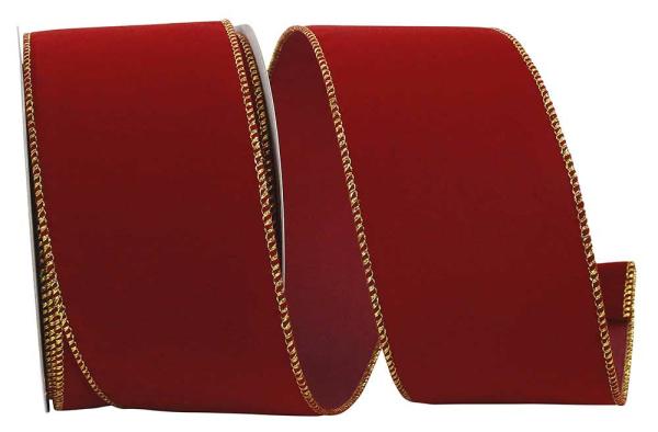 Velvet Ribbon |   2.5 Inch Scarlet Red Velvet Wired Ribbon, Metallic Gold Edges, 10 Yards (10 Spool) Ribbon Velvet Ribbon