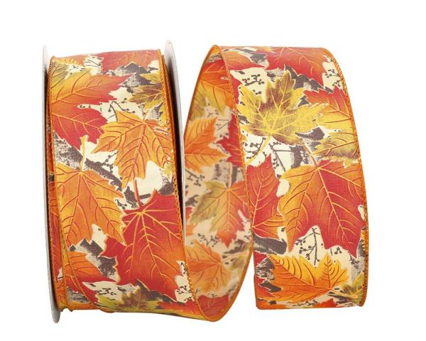 Wired Ribbon |   1.5 Inch Autumn Leaves Ribbon With Wired Edges, Orange, Yellow, Green, 50 Yards (1 Spool) Ribbon Wired Ribbon