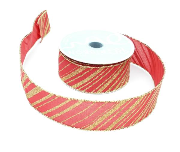 Wired Ribbon |   1.5 Inch Red Wired Christmas Ribbon With Gold Diagonal Stripes And Edges. 10 Yards Per Spool (Lot Of 1 Spool) Ribbon Wired Ribbon