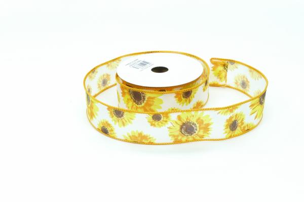 Wired Ribbon |   1.5 Inch Spring And Summer White Wired Ribbon With Sunflowers, 10 Yard Spool (Lot Of 1 Spool) Ribbon Wired Ribbon