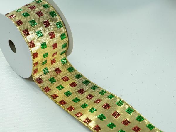 Wired Ribbon |   2.5 Inch Gold, Green & Red Wired Christmas Ribbon W/ Gold Edges – Shiny Gold Green Red Checkered Pattern, 2.5 Inch X 10 Yards (Lot Of 1 Spool) Ribbon Wired Ribbon