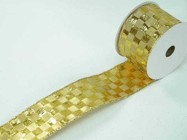 Wired Ribbon |   2.5 Inch Gold Wired Christmas Ribbon W/ Gold Edges – Shiny Gold Checkered Pattern, 2.5 Inch X 10 Yards (Lot Of 1 Spool) Ribbon Wired Ribbon