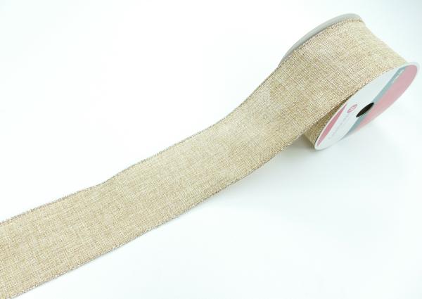 Wired Ribbon |   2.5 Inch Mock Natural Burlap Wired Christmas Ribbon With Gold Threads And Edges, 8 Yards Per Spool (Lot Of 1 Spool) Ribbon Wired Ribbon