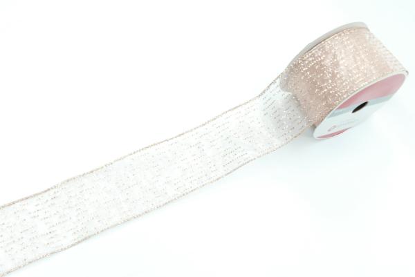 Wired Ribbon |   2.5 Inch Pink Organza Wired Ribbon With Metallic Champagne Stripes And Edges, Great For Easter And Christmas, 25 Feet Per Spool (Lot Of 1 Spool) Ribbon Wired Ribbon