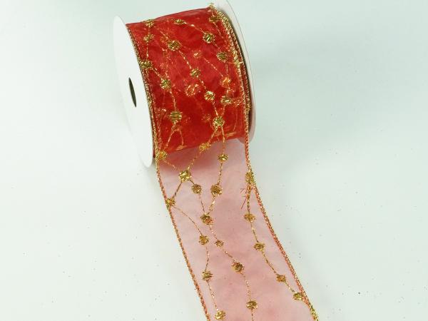 Wired Ribbon |   2.5 Inch Red & Gold Wired Christmas Ribbon W/ Gold Edges – Sheer Red / Gold Christmas Pattern, 2.5 Inch X 10 Yards (Lot Of 1 Spool) Ribbon Wired Ribbon