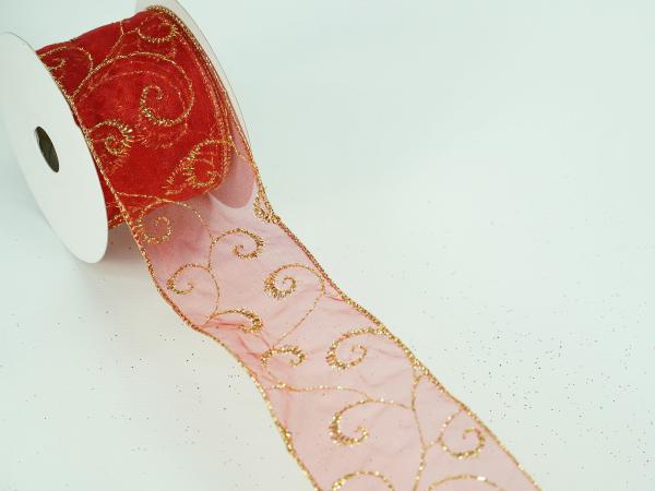 Wired Ribbon |   2.5 Inch Red & Gold Wired Christmas Ribbon W/ Gold Edges – Sheer Red / Gold Swirl Pattern, 2.5 Inch X 10 Yards (Lot Of 1 Spool) Ribbon Wired Ribbon