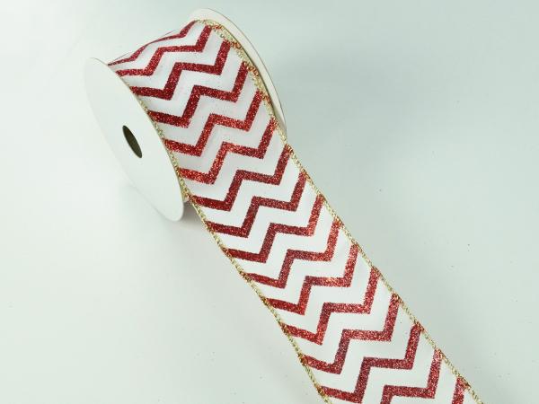 Wired Ribbon |   2.5 Inch Red & White Wired Christmas Ribbon W/ Gold Edges – Red / White Zig Zag Pattern, 2.5 Inch X 10 Yards (Lot Of 1 Spool) Ribbon Wired Ribbon