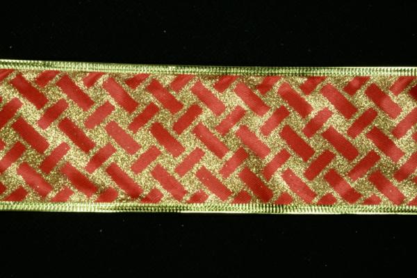 Wired Ribbon |   2.5 Inch Red With Gold Wired Christmas Ribbon, Metallic Gold Lattice Design On Red Satin, 50 Yds (Lot Of 1 Spool) Ribbon Wired Ribbon