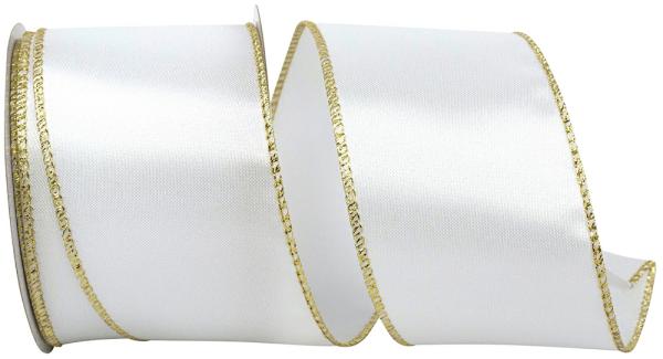 Wired Ribbon |   2.5 Inch White Satin Wired Ribbon With Gold Edges, 10 Yard Spool (1 Spool) Ribbon Wired Ribbon