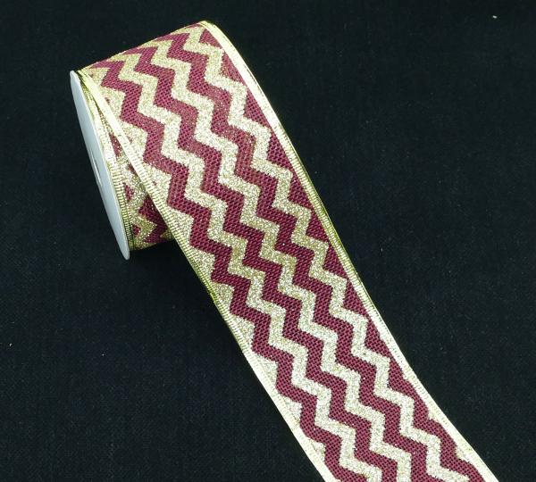 Wired Ribbon |   2.5 Inch Wired Christmas Ribbon With Gold Metallic Chevron Stripes On Burgundy Faux Burlap, 2-1/2 In. X 10 Yds (Lot Of 1 Spool) Ribbon Wired Ribbon