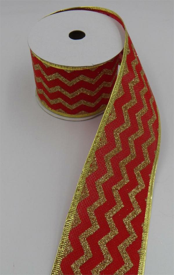 Wired Ribbon |   2.5 Inch Wired Christmas Ribbon With Gold Metallic Chevron Stripes On Red Faux Burlap, 2-1/2 In. X 10 Yds (Lot Of 1 Spool) Ribbon Wired Ribbon