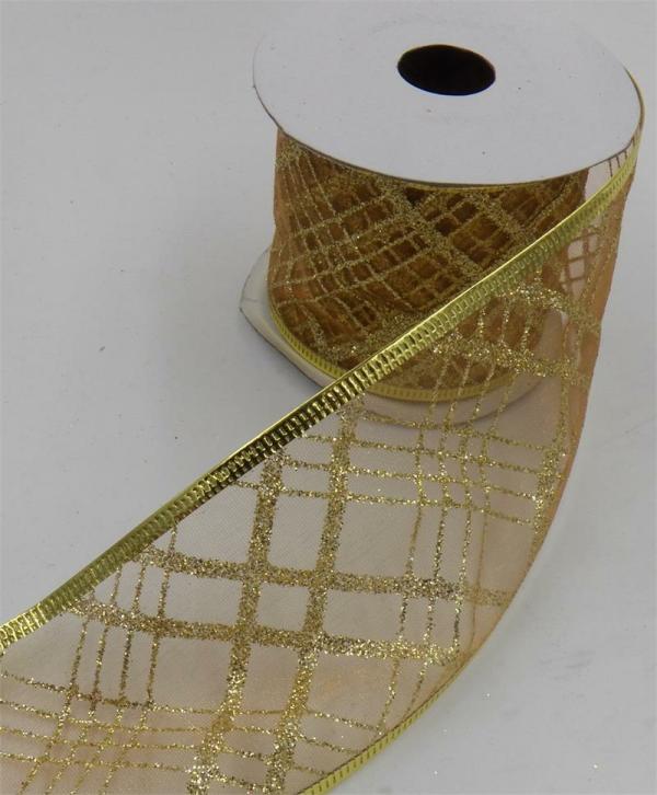 Wired Ribbon |   2.5 Inch Wired Christmas Ribbon With Gold Metallic Crisscross Strip On Gold Organga, 2-1/2 In. X 10 Yds (Lot Of 1 Spool) Ribbon Wired Ribbon