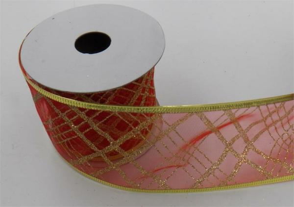 Wired Ribbon |   2.5 Inch Wired Christmas Ribbon With Gold Metallic Crisscross Strip On Red Organga, 2-1/2 In. X 10 Yds (Lot Of 1 Spool) Ribbon Wired Ribbon