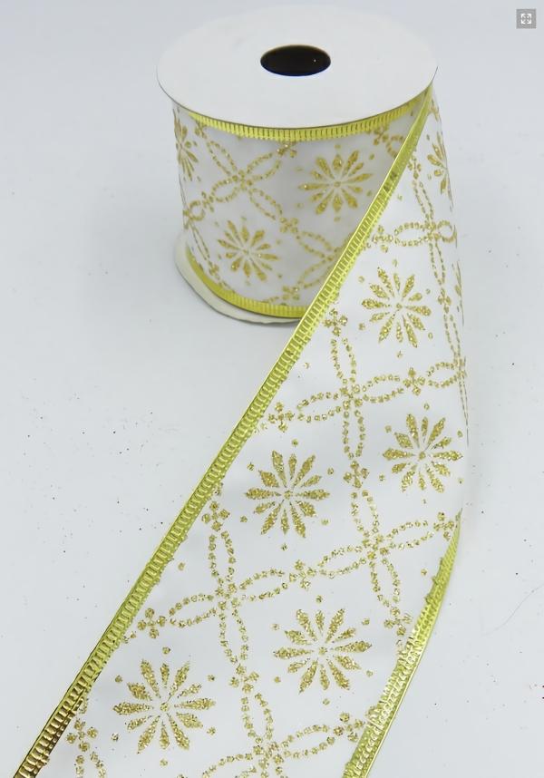 Wired Ribbon |   2.5 Inch Wired Christmas Ribbon With Gold Metallic Floral Motif On White Satin, 2-1/2 In. X 10 Yds (Lot Of 1 Spool) Ribbon Wired Ribbon