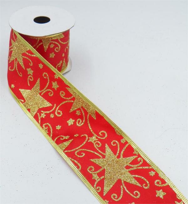 Wired Ribbon |   2.5 Inch Wired Christmas Ribbon With Gold Metallic Sparkle Stars On Red Satin,10 Yds (Lot Of 1 Spool) Ribbon Wired Ribbon