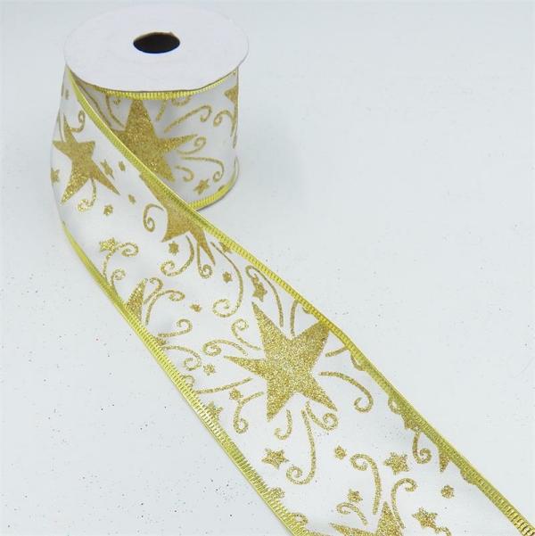 Wired Ribbon |   2.5 Inch Wired Christmas Ribbon With Gold Metallic Sparkle Stars On White Satin, 10 Yds (Lot Of 1 Spool) Ribbon Wired Ribbon