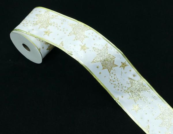 Wired Ribbon |   2.5 Inch Wired Christmas Ribbon With Gold Metallic Stars On White Satin, 2-1/2 In. X 10 Yds (Lot Of 1 Spool) Ribbon Wired Ribbon