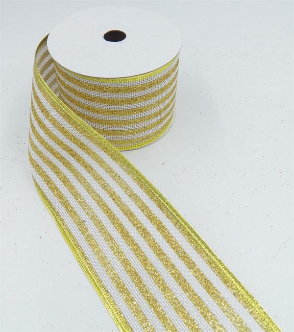 Wired Ribbon |   2.5 Inch Wired Christmas Ribbon With Gold Metallic Stripes On White Faux Burlap, 2-1/2 In. X 10 Yds (Lot Of 1 Spool) Ribbon Wired Ribbon