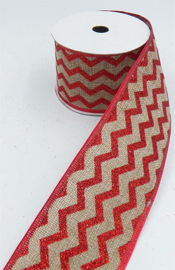 Wired Ribbon |   2.5 Inch Wired Christmas Ribbon With Red Metallic Chevron Stripes On Natural Faux Burlap, 2-1/2 In. X 10 Yds (Lot Of 1 Spool) Ribbon Wired Ribbon