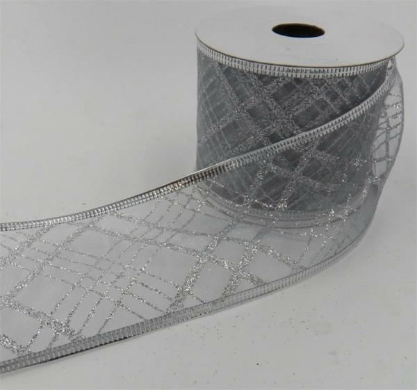 Wired Ribbon |   2.5 Inch Wired Christmas Ribbon With Silver Metallic Crisscross Strip On Silver Organga, 2-1/2 In. X 10 Yds (Lot Of 1 Spool) Ribbon Wired Ribbon