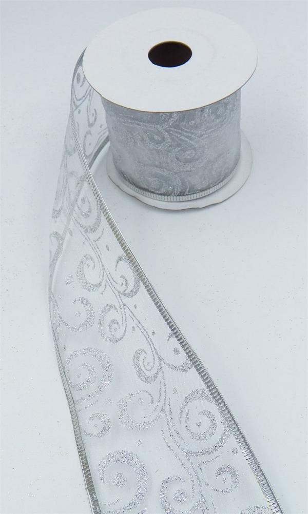 Wired Ribbon |   2.5 Inch Wired Christmas Ribbon With Silver Metallic Swirls On White Organga,10 Yds (Lot Of 1 Spool) Ribbon Wired Ribbon