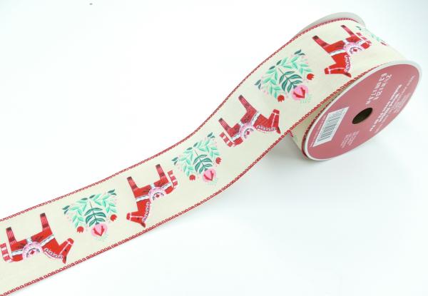 Wired Ribbon |   2.5 Natural Wired Ribbon With Pennsylvania Dutch Style Ponies And Flowers Along With Red Edges, 25 Feet Per Spool (Lot Of 1 Spool) Ribbon Wired Ribbon