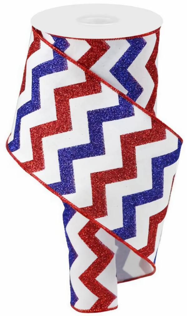 Wired Ribbon |   4 Inch White Wired Patriotic Ribbon With Glittered Red And Blue Chevron Stripe, 100 Feet Per Spool (Lot Of 1 Spool) Ribbon Wired Ribbon