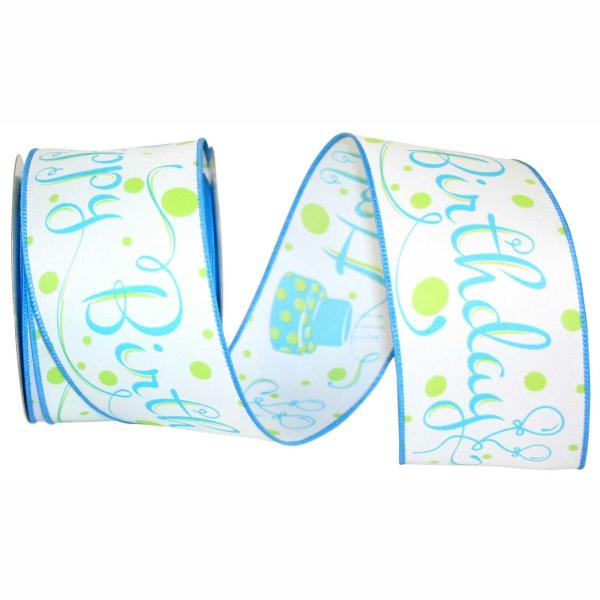 Wired Ribbon |   Happy Birthday Wired Ribbon, White With Blue Birthday Cakes & Fancy Font, 2 ½ Inch X 10 Yards (1 Spool) Ribbon Wired Ribbon