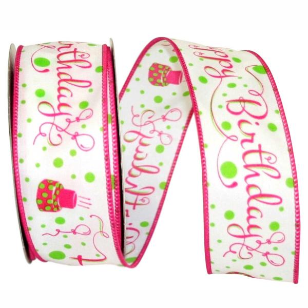 Wired Ribbon |   Happy Birthday Wired Ribbon, White With Pink Birthday Cakes & Fancy Font, 1 ½ Inch X 10 Yards (1 Spool) Ribbon Wired Ribbon