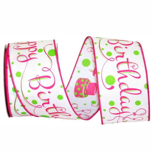 Wired Ribbon |   Happy Birthday Wired Ribbon, White With Pink Birthday Cakes & Fancy Font, 2 ½ Inch X 10 Yards (1 Spool) Ribbon Wired Ribbon