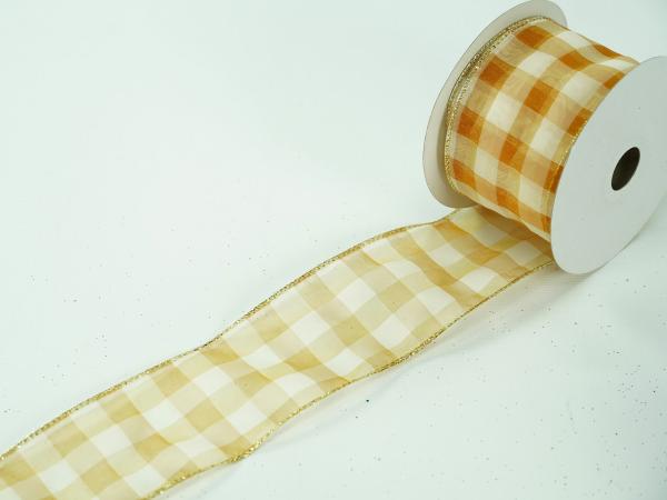 Wired Ribbon |   2.5 Inch Gold & White Wired Christmas Ribbon W/ Gold Edges – Sheer Gold / White Checkered Pattern, 2.5 Inch X 10 Yards (Lot Of 1 Spool) Ribbon Wired Ribbon