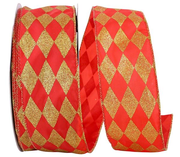 Wired Ribbon |   2.5 Inch Red And Gold Wired Christmas Ribbon With Diamond Check Pattern And Gold Edges, 50 Yard Spool (1 Spool) Ribbon Wired Ribbon