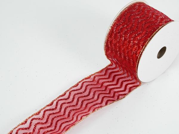 Wired Ribbon |   2.5 Inch Red Wired Christmas Ribbon W/ Gold Edges – Red / Metallic Red Zig Zag Pattern, 2.5 Inch X 10 Yards (Lot Of 1 Spool) Ribbon Wired Ribbon