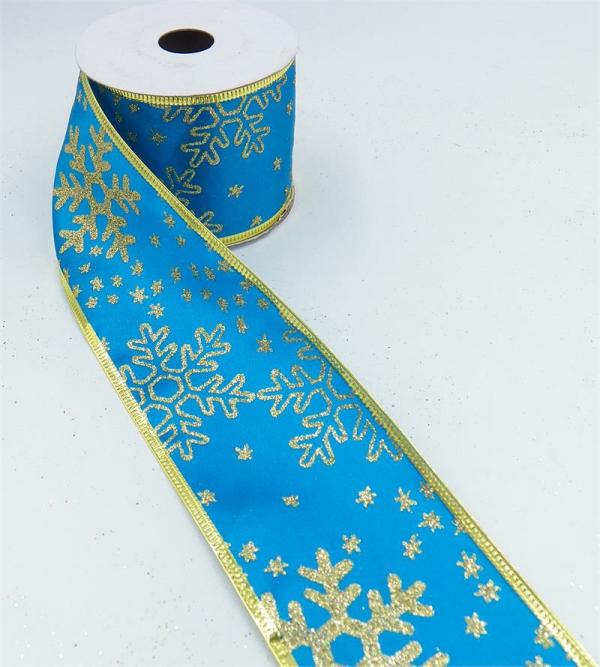 Wired Ribbon |   2.5 Inch Wired Christmas Ribbon With Gold Metallic Snowflakes On Turquoise Satin, 2-1/2 In. X 10 Yds (Lot Of 1 Spool) Ribbon Wired Ribbon