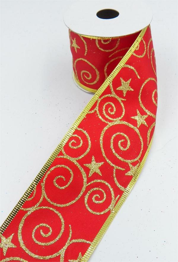 Wired Ribbon |   2.5 Inch Wired Christmas Ribbon With Gold Metallic Swirls & Stars On Red Satin, 2-1/2 In. X 10 Yds (Lot Of 1 Spool) Ribbon Wired Ribbon