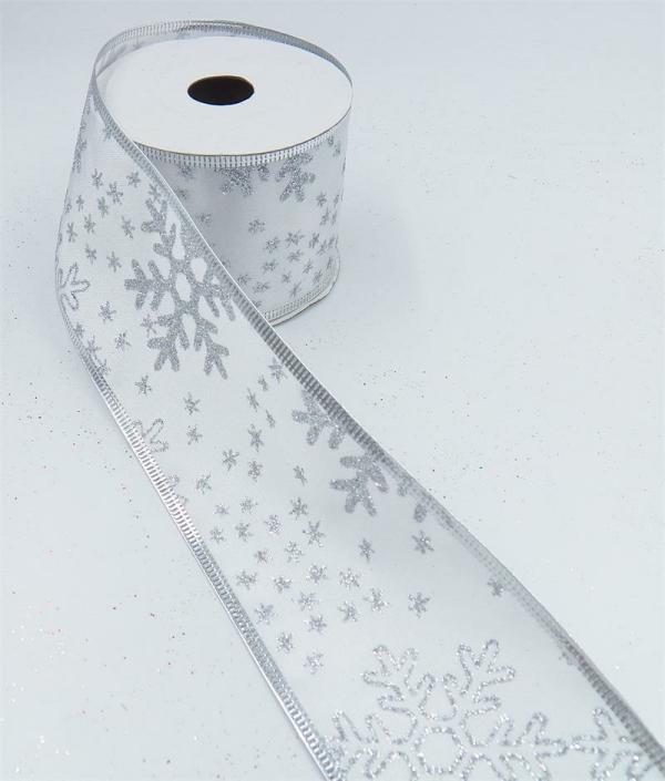 Wired Ribbon |   2.5 Inch Wired Christmas Ribbon With Silver Metallic Snowflakes On White Satin, 2-1/2 In. X 10 Yds (Lot Of 1 Spool) Ribbon Wired Ribbon